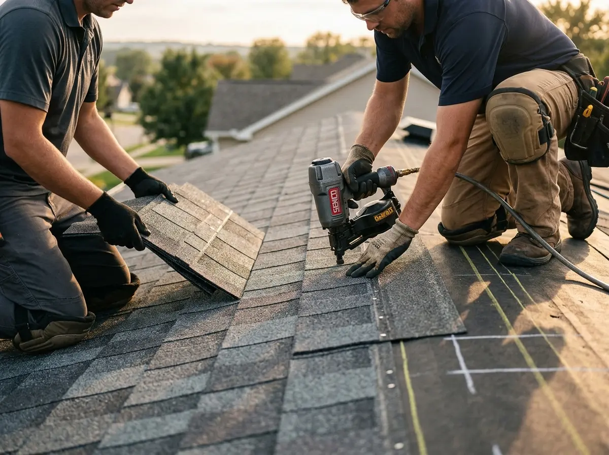 Professional roofer working on a residential roof in North Fort Lewis